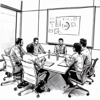 Black and white line drawing of a group working session in a conference by a whiteboard
