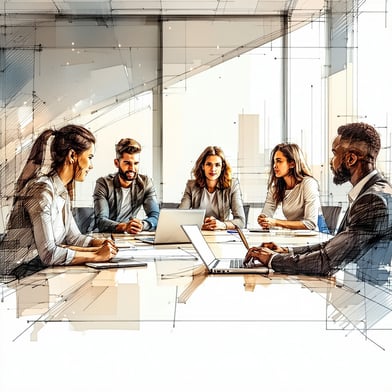 Group working session in a conference room The team is diverse This is a line drawing with only hints of very subtle color to lighten it up Image should not be too detailed The individuals should be professional looking keep the working session limit-2