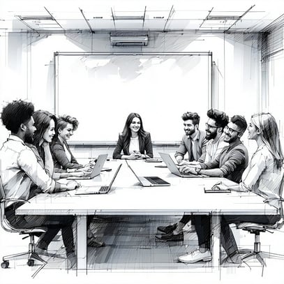 Group working session in a conference room with a whiteboard in the background The small team is diverse and look positive This is a line drawing in black and white that isnt overly detailed-4