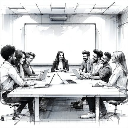 Group working session in a conference room with a whiteboard in the background The small team is diverse and look positive This is a line drawing in black and white that isnt overly detailed-4