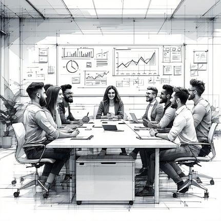 I diverse group is having a working session in a conference room this image is black and white there is a whiteboard behind them with graphs and sticky notes the mood is positive the image is a simple line drawing without too much detail