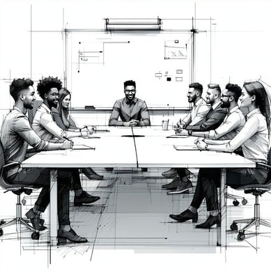 Office conference room Working session with a diverse team at a table in front of a whiteboard this is a black and white image that isnt too detailed the mood is postiive-3
