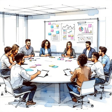 Simple line drawing with limited color A diverse group working session at a round table in a conference room In the background a whiteboard with simple graphs and a few sticky notes-4