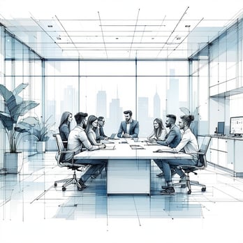 The image depicts a modern corporate office setting In the foreground a small diverse team sits at a conference table not much color and detail this should be a line drawing