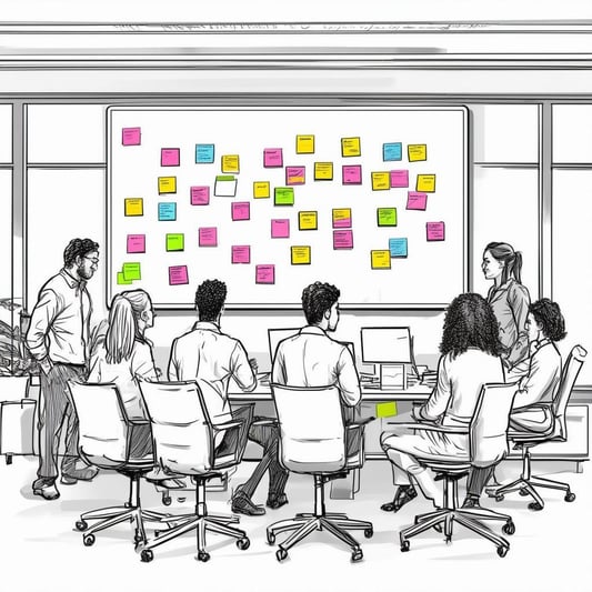 Marketing and sales teams working together at a white boarding session discussing ABM strategy. 
