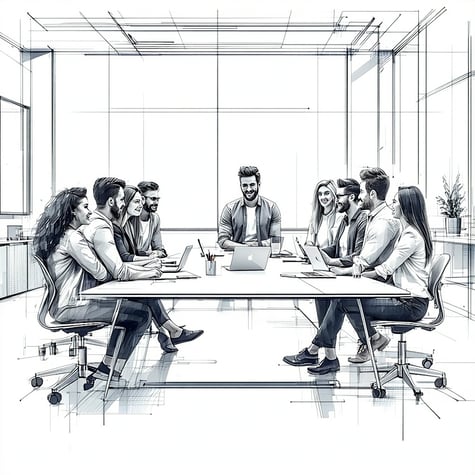 The image depicts a modern office environment with a small group of diverse professionals engaged in a collaborative meeting The mood is positive They sit at a conference table This is a line drawing in black and white simple detail