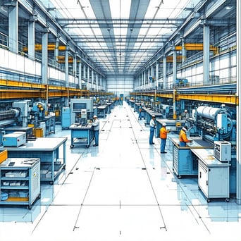 The image is a simple line drawing with limited color It depicts a busy manufacturing floor bustling with activity  Bright overhead lights illuminate the space highlighting the modern equipment and assembly lines that stretch into the background The