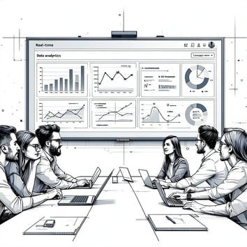 a diverse group of marketing professionals huddles around a large digital screen displaying realtime data analytics and campaign metrics they are in a conference room with a whiteboard behind them this is black and white done in a simple line drawing