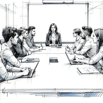 diverse team working session in a conference room line drawing in black and white a woman leads the discussion but this is subtle try not to be too detailed-1