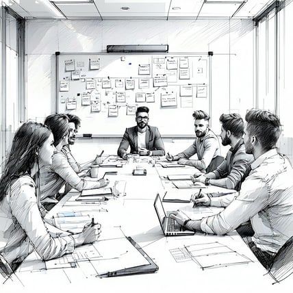 group working session in a conference room the team is diverse they are sitting at a table in front of a whiteboard with sticky notes this is a line d-4