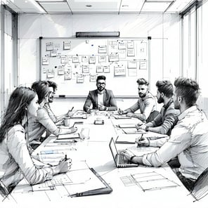group working session in a conference room the team is diverse they are sitting at a table in front of a whiteboard with sticky notes this is a line d-4