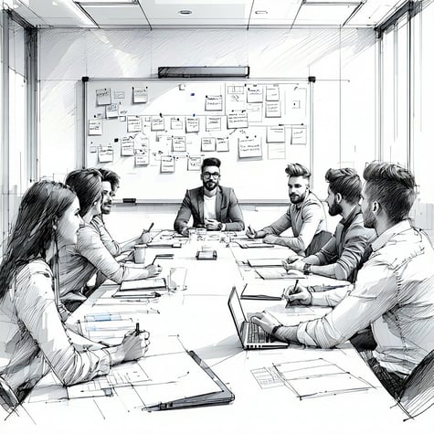 group working session in a conference room the team is diverse they are sitting at a table in front of a whiteboard with sticky notes this is a line d-4