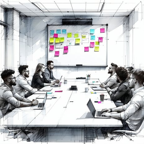 simple line drawing of a working session in a conference room with a team of diverse people