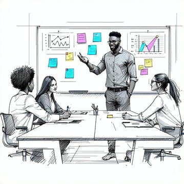 this is a line drawing in black and white the image is of a diverse group of four people working together at a conference table In the background is a whiteboard with graphs and sticky notes the sticky notes are the only color in the image one man of-1