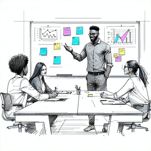this is a line drawing in black and white the image is of a diverse group of four people working together at a conference table In the background is a whiteboard with graphs and sticky notes the sticky notes are the only color in the image one man of-1
