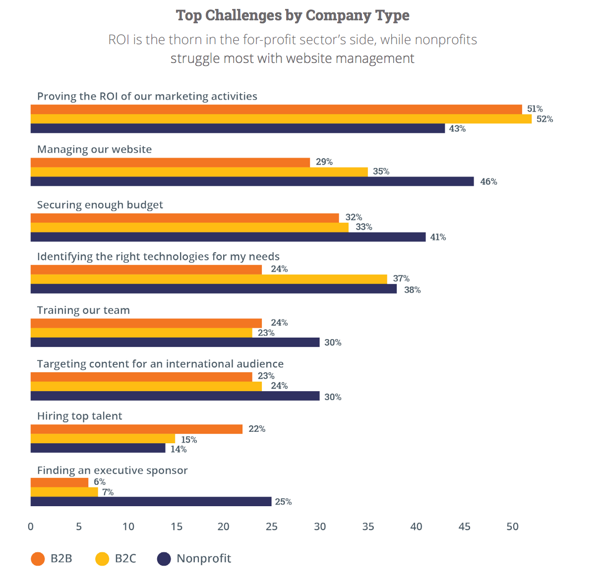 Top Challenges by Company Type ROI is the thorn in the for-profit sector’s side, while nonprofits struggle most with website management