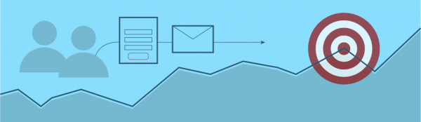 Abstract graphic of upward-moving graph with leads and emails moving towards a target