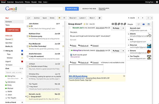 New email interface feature with three panels from Gmail