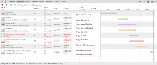 Developer Tools for page load time - Inspection window