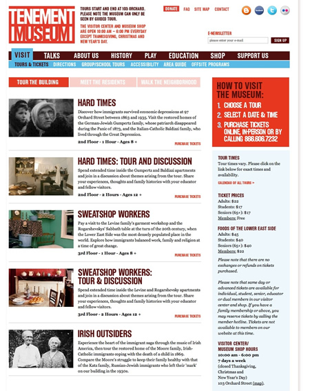 Ticket and tours web page for the Tenement Museum
