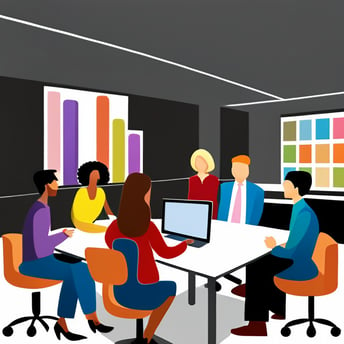 Abstract illustration of a diverse group of people sitting at a meeting table together. In the background there is a colorful bar chart being displayed on the wall.