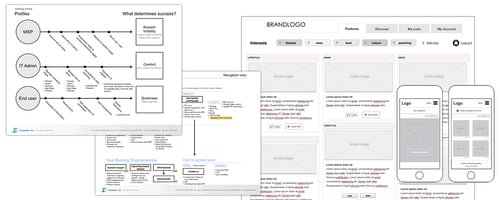 Website wireframes that show the design strategy thinking