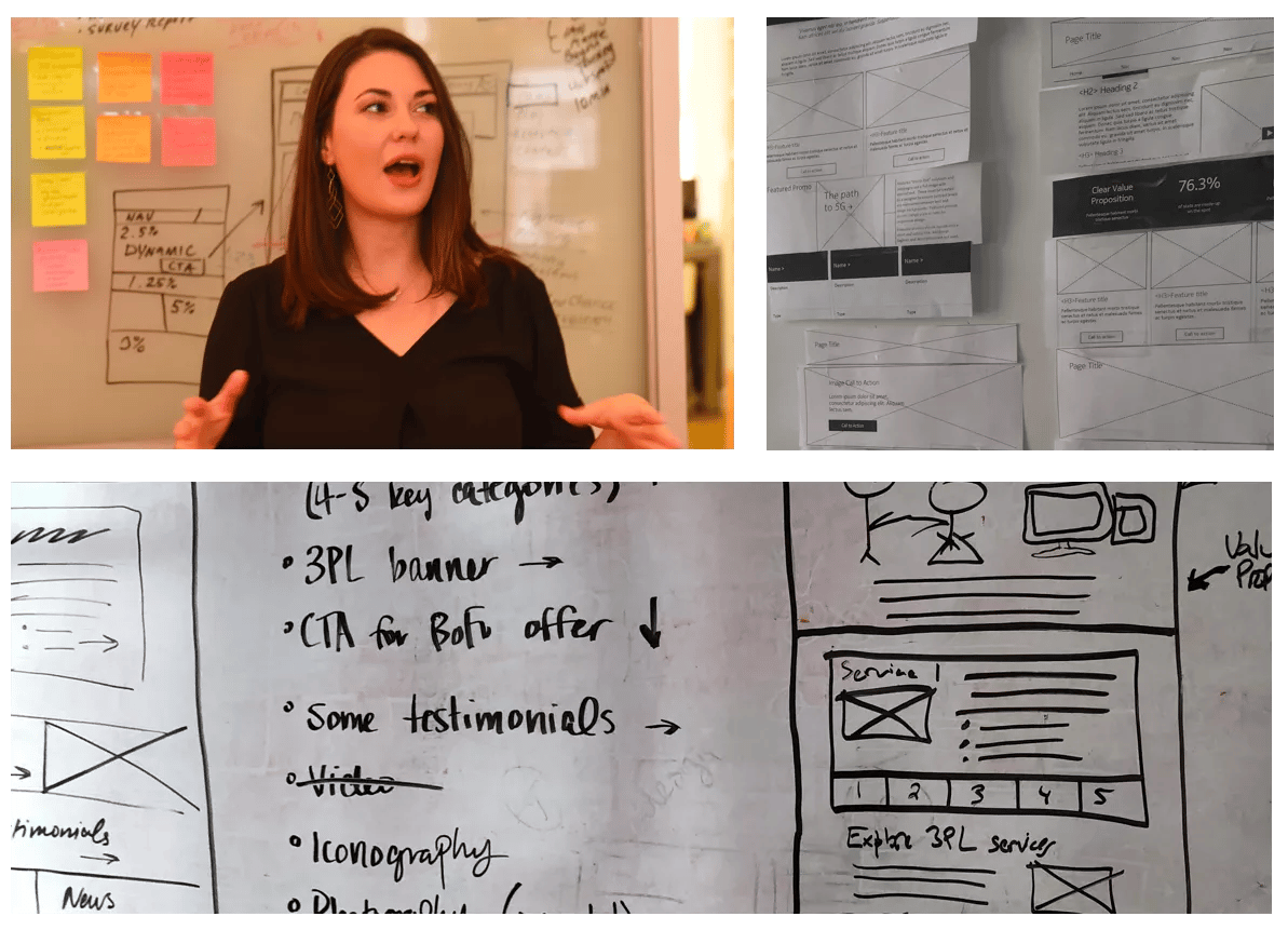 Three images of a content strategy session, on showing a woman mid-sentence with a whiteboard full of post-it notes and information behind her. The other two images are black and white shots of whiteboards with content strategy information on them.