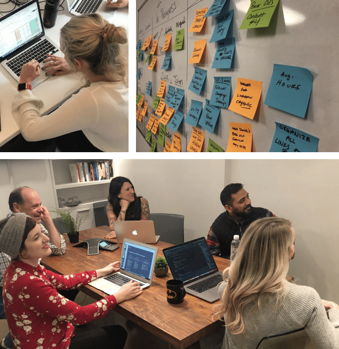 A collage of the Ironpaper team at work and sticky notes on a whiteboard