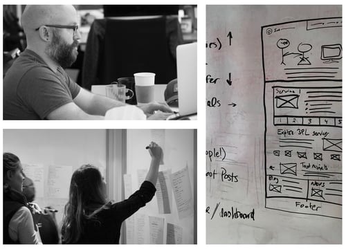 A collage of the Ironpaper team at work and whiteboard drawings