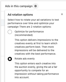 Screenshot of LinkedIn Ad Rotation Options menu, allowing user to "Optimize for Performance" or "Rotate Ads Evenly"