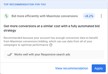 Screenshot of a Google Maximize Conversion Bidding recommendation pop up.