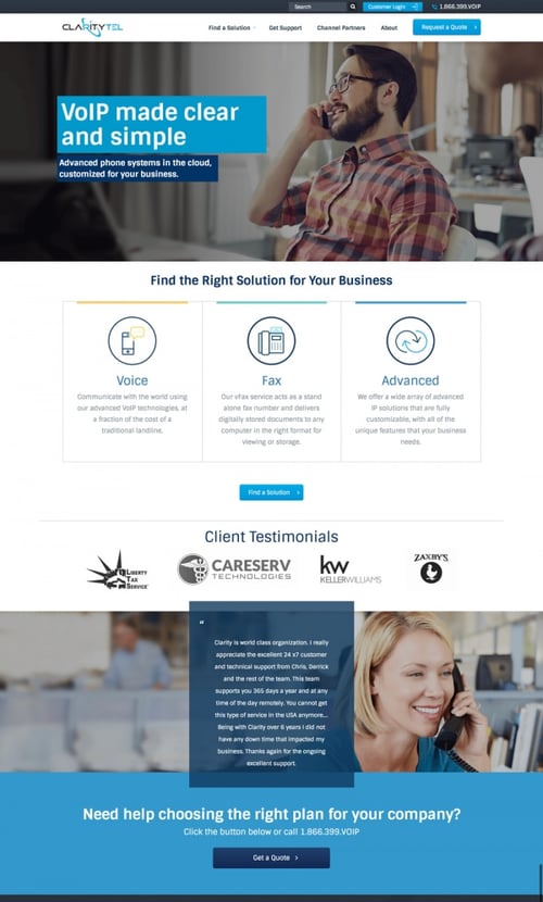 The Clarity VoIP website designed by Ironpaper