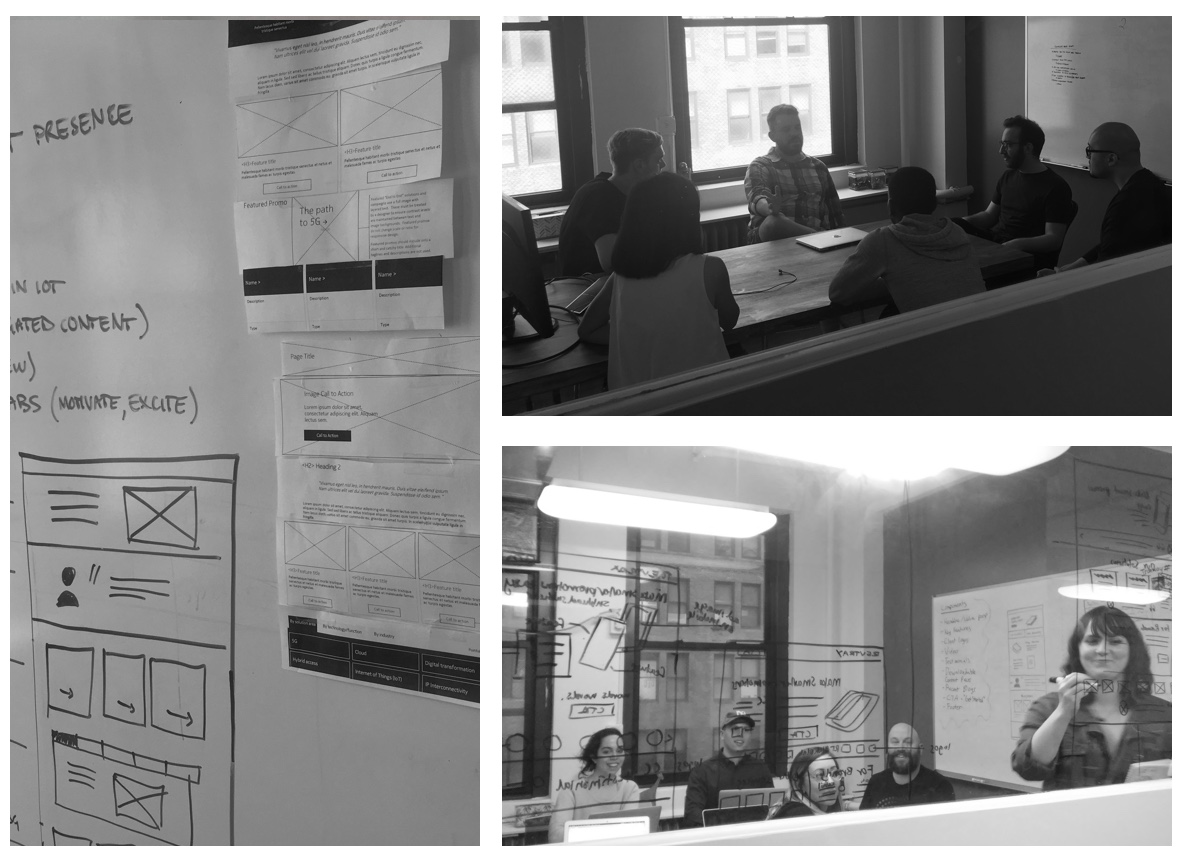 A collage of the Ironpaper team at work and whiteboard drawings