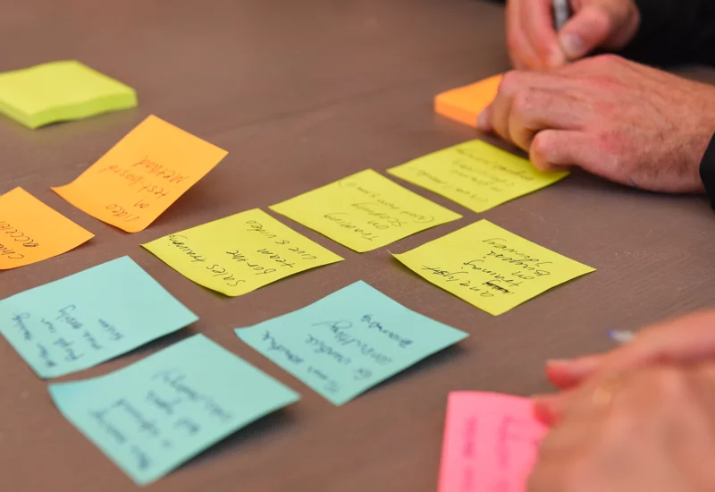 marketing planning session using sticky notes