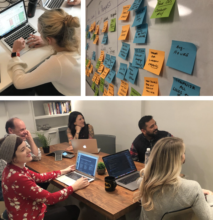 A collage of the Ironpaper team at work and sticky notes on a whiteboard